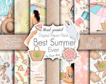 Vacation Digital Papers, Beach Pattern, Summer Paper Pack, Girly Planner Paper, Gold Digital Papers, Planner Supplies, Fashion Patterns