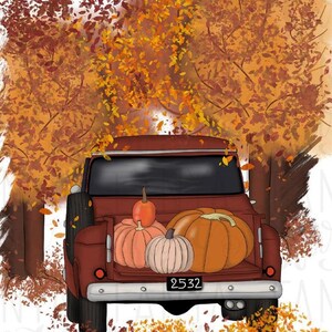 May include: Illustration of a vintage red pickup truck filled with pumpkins. The truck bed holds three pumpkins in shades of orange and peach. The background features fall foliage and trees, with leaves scattered on the ground.