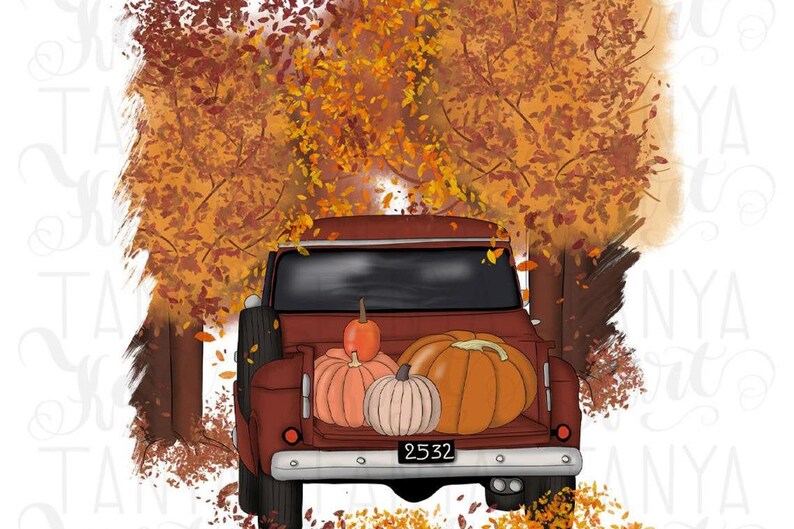 May include: Illustration of a vintage red pickup truck filled with pumpkins. The truck bed holds three pumpkins in shades of orange and peach. The background features fall foliage and trees, with leaves scattered on the ground.