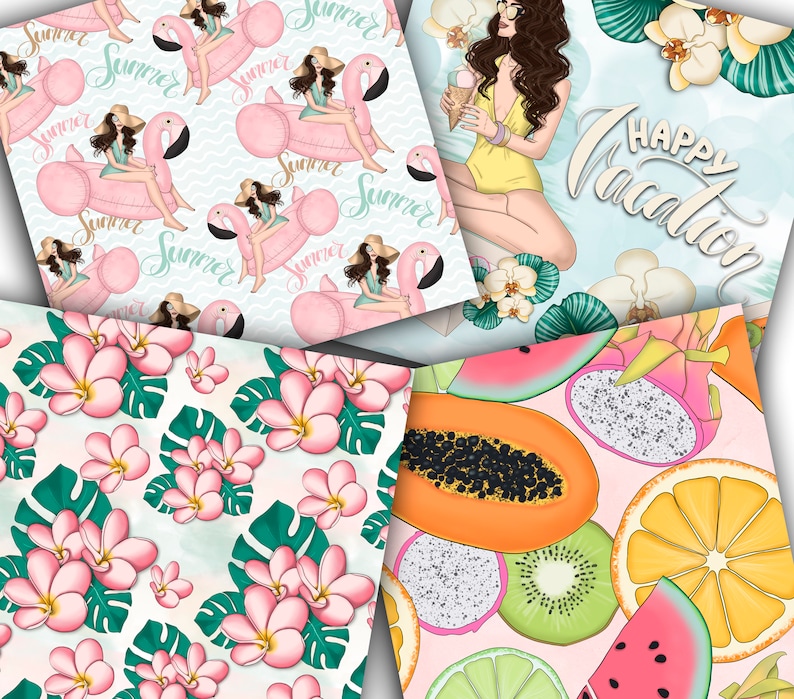 Op de afbeelding: Een digitaal papierpakket met vier verschillende patronen. Het eerste patroon heeft roze flamingo's en de tekst "Summer" die wordt herhaald. Het tweede patroon heeft een vrouw in een gele badpak die een ijsje vasthoudt. Het derde patroon heeft tropische bloemen en bladeren met de tekst "Happy Vacation". Het vierde patroon heeft een verscheidenheid aan tropische vruchten, waaronder papaja, watermeloen, drakenfruit, kiwi en limoen.