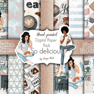 Puede incluir: Un paquete de papel digital con 12 diseños pintados a mano que presentan ilustraciones de personas disfrutando de comida y bebidas. Los diseños miden 20,32 cm por 20,32 cm e incluyen patrones de formas geométricas, tazas de café y comida.