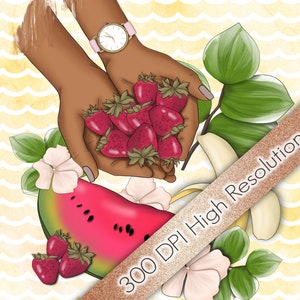May include: A digital illustration of a hand holding a bowl of red strawberries, a slice of watermelon, and a banana. The background is a yellow and white wavy pattern.