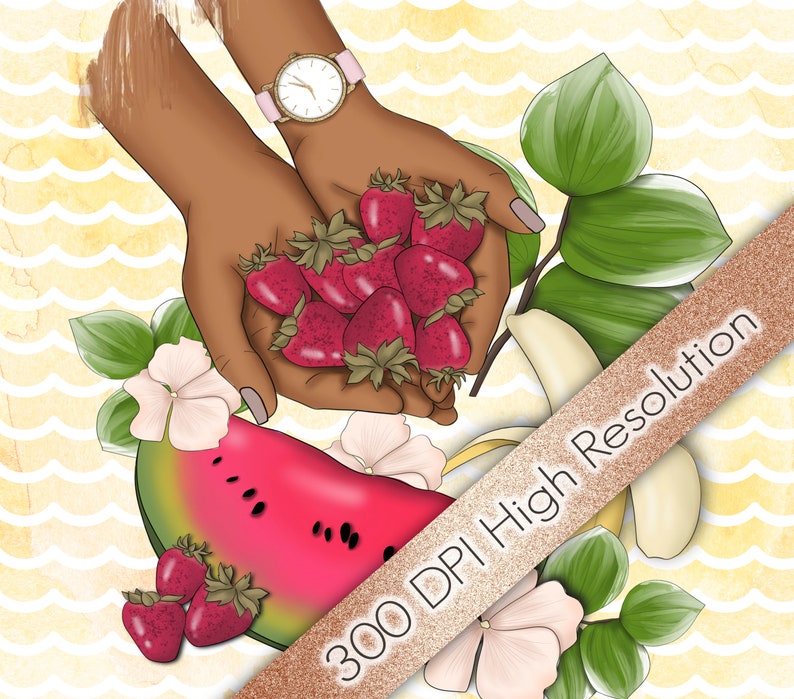 May include: A digital illustration of a hand holding a bowl of red strawberries, a slice of watermelon, and a banana. The background is a yellow and white wavy pattern.