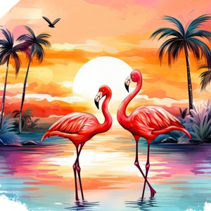 Flamingo Beach Sunset Clipart for Commercial Use, Watercolor Tropical Pink Flamingo Sublimation Designs, Ocean Sunset Png Instant Download image 2