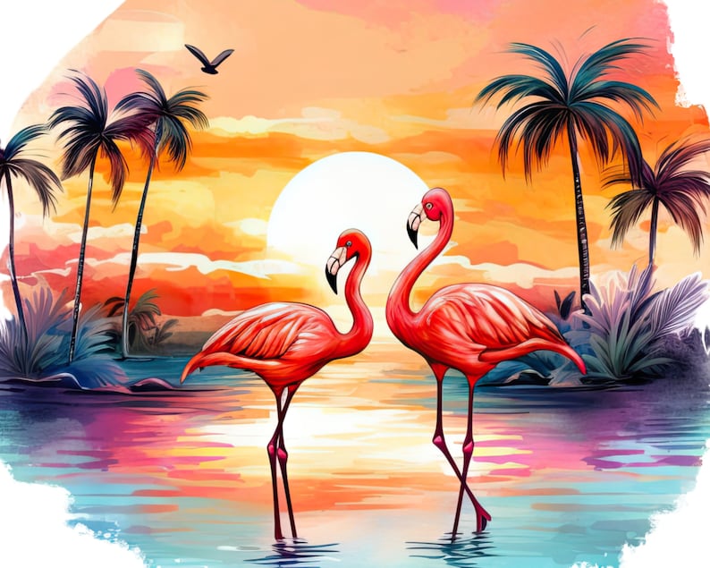 Flamingo Beach Sunset Clipart for Commercial Use, Watercolor Tropical Pink Flamingo Sublimation Designs, Ocean Sunset Png Instant Download image 2