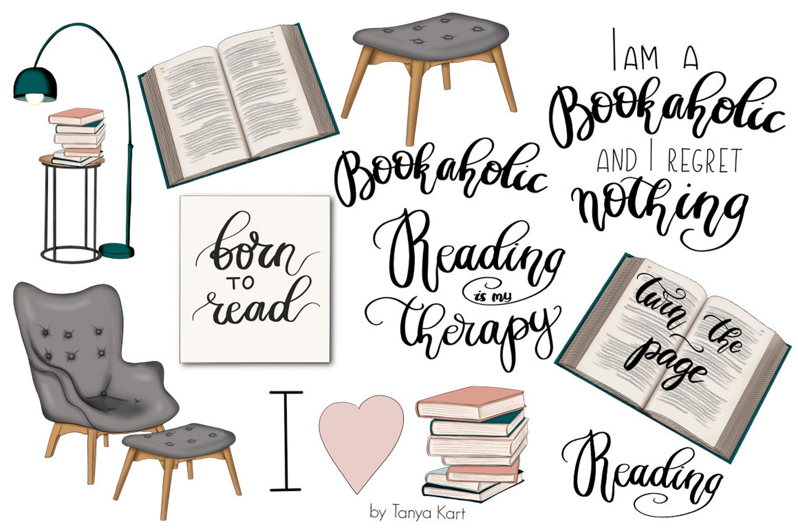 Booklover Clipart, Bookish Illustration, I Love Books, Books ...