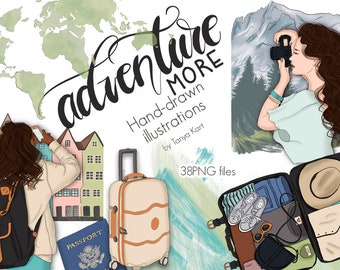Travel Girl Png Clipart for Commercial Use, Photographer Girl, Mountains, Journey, Luggage Clipart, Travelling Clipart, Vacation Clip Art