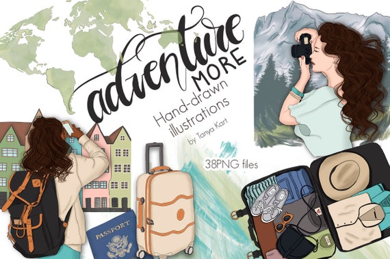 Travel Girl Png Clipart for Commercial Use, Photographer Girl, Mountains, Journey, Luggage Clipart, Travelling Clipart, Vacation Clip Art