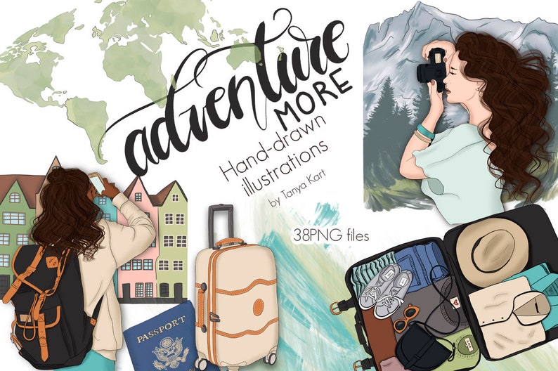 Travel Girl Png Clipart for Commercial Use, Photographer Girl, Mountains, Journey, Luggage Clipart, Travelling Clipart, Vacation Clip Art image 1