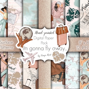 Papel digital de viagem, design de aventura, papéis de voo, afro-americano, papéis de viagem, papéis de planejador, padrões de superfície, papéis de viagem