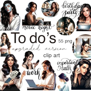 Imágenes prediseñadas de niñas, rutina de vida diaria, listas de tareas pendientes para mujeres fuertes, calcomanías PNG de descarga instantánea para planificadores digitales, imágenes prediseñadas de moda