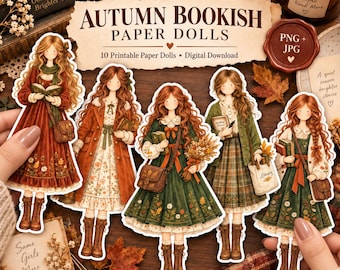 Autumn Bookish Paper Dolls | Printable Paper Doll PNG JPG Set | Cottagecore Girls Clipart | Junk Journal Digital Download