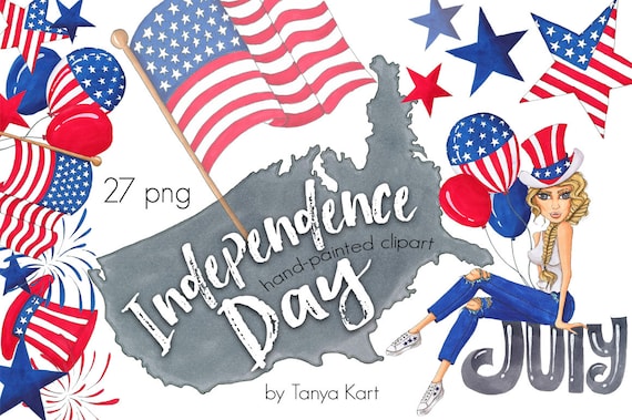Independence Day, 4th Of July Clipart, Patriotic Clipart, Summer Clipart, Hand-Painted Clipart, USA Clipart, Flag Of USA, Fireworks Clip Art