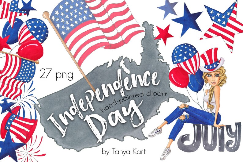 Op de afbeelding: Een digitale illustratie van een handgeschilderde Independence Day clipart set. De set bevat een grijze omtrek van de Verenigde Staten, een vrouw die een rood-wit-blauwe hoed en jeans draagt, en een verscheidenheid aan rood-wit-blauwe sterren, vuurwerk en ballonnen. De tekst "Independence Day" is in wit op de grijze omtrek van de Verenigde Staten geschreven. De tekst "July" is in wit op een grijze achtergrond geschreven. De tekst "27 png" is in zwart op een witte achtergrond geschreven. De tekst "hand-painted clipart" is in zwart op een witte achtergrond geschreven. De tekst "by Tanya Kart" is in zwart op een witte achtergrond geschreven.