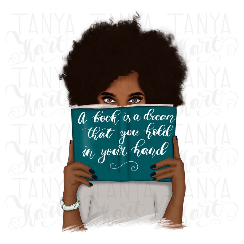 May include: A woman with dark brown skin and an afro hairstyle is holding a teal blue book open in front of her face. The book has white text that reads "A book is a dream that you hold in your hand".