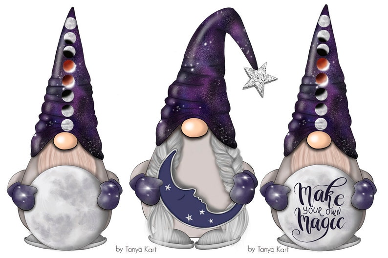 May include: Three gnomes with purple and white galaxy print hats. The gnome on the left is holding a full moon, the gnome in the middle is holding a crescent moon, and the gnome on the right is holding a moon with the text "Make your own magic".