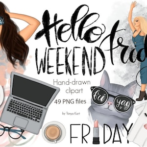 Weekend Vibes Clipart Girls, Fashion Stickers for Journal, Instant Download, Planner Handdrawn Graphics, Friday Vibes PNG, Woman Clipart