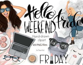 Weekend Vibes Clipart: Hand-Drawn Fashion Girl Graphics (PNG, Digital Download)