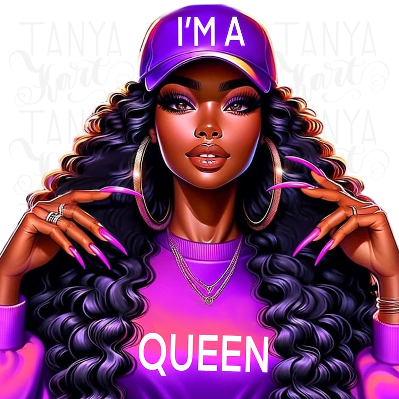 May include: A digital illustration of a woman with long, curly purple hair wearing a purple baseball cap with the text "I'M A QUEEN" on it. She is wearing a purple sweater and has long, pink fingernails.