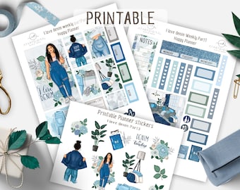 May include: Printable planner stickers with a denim theme. The stickers feature a woman wearing a denim jacket and overalls, a plant, a book, and a lamp. The stickers are in blue, green, and white.