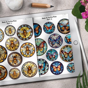 Digital Stickers for Planners Instant Download, Bees and Butterflies PNG Stickers for GoodNotes, Stained Glass Stickers Digital Icons Image