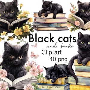 Schwarze Katze Clipart mit Bücher Png Sofort-Download für kommerzielle Nutzung, schwarze Katze Auf Bücher, Katze Lesebuch, Grafiken für Katzenliebhaber Geschenk