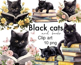 Black Cat Clipart: Reading Cats on Books, Commercial Use (PNG)