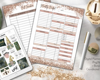 May include: Digital planner pages with a rose gold glitter background. The pages include a bill tracker and a monthly budget. The pages are designed for use with the Goodnotes app. The image also includes a set of digital stickers with a gnome theme.