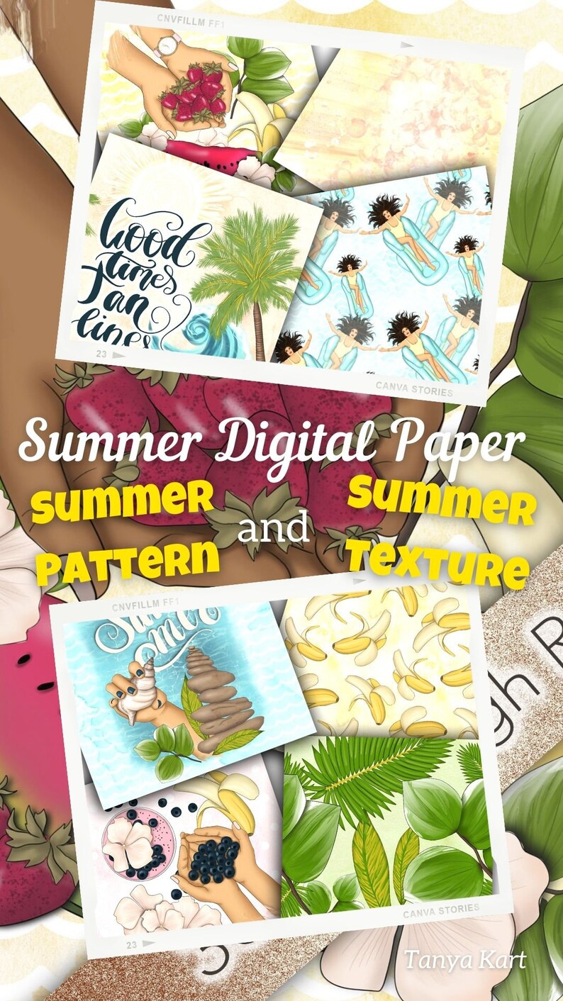 May include: A collage of digital papers featuring summer themes. The papers include illustrations of palm trees, bananas, strawberries, and women on inflatable rafts. The text "Summer Digital Paper" is written in large, bold letters across the center of the collage. The text "Summer Pattern and Summer Texture" is written in smaller letters below the first text.
