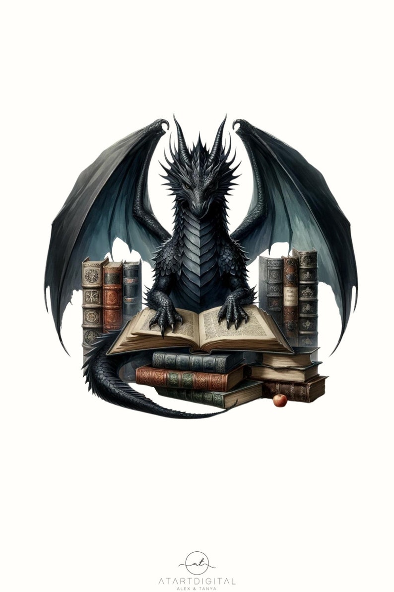 Bookish Dragon PNG Digital Download for Book Nerds, Planner Stickers, Shirt Design, Wall Art, Mystical Dragons PNG Image, Booktok Merch