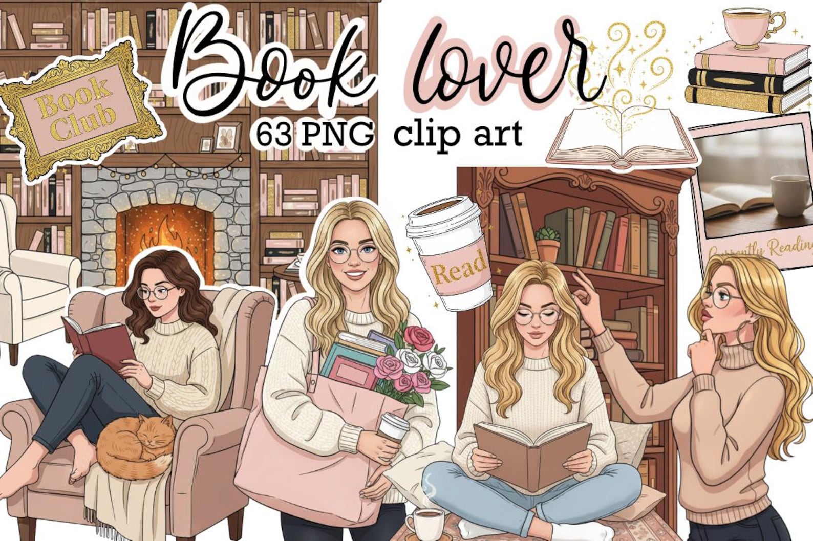Book Lover PNG Clipart | Cozy Reading Girl Graphics | Bibliophile ...