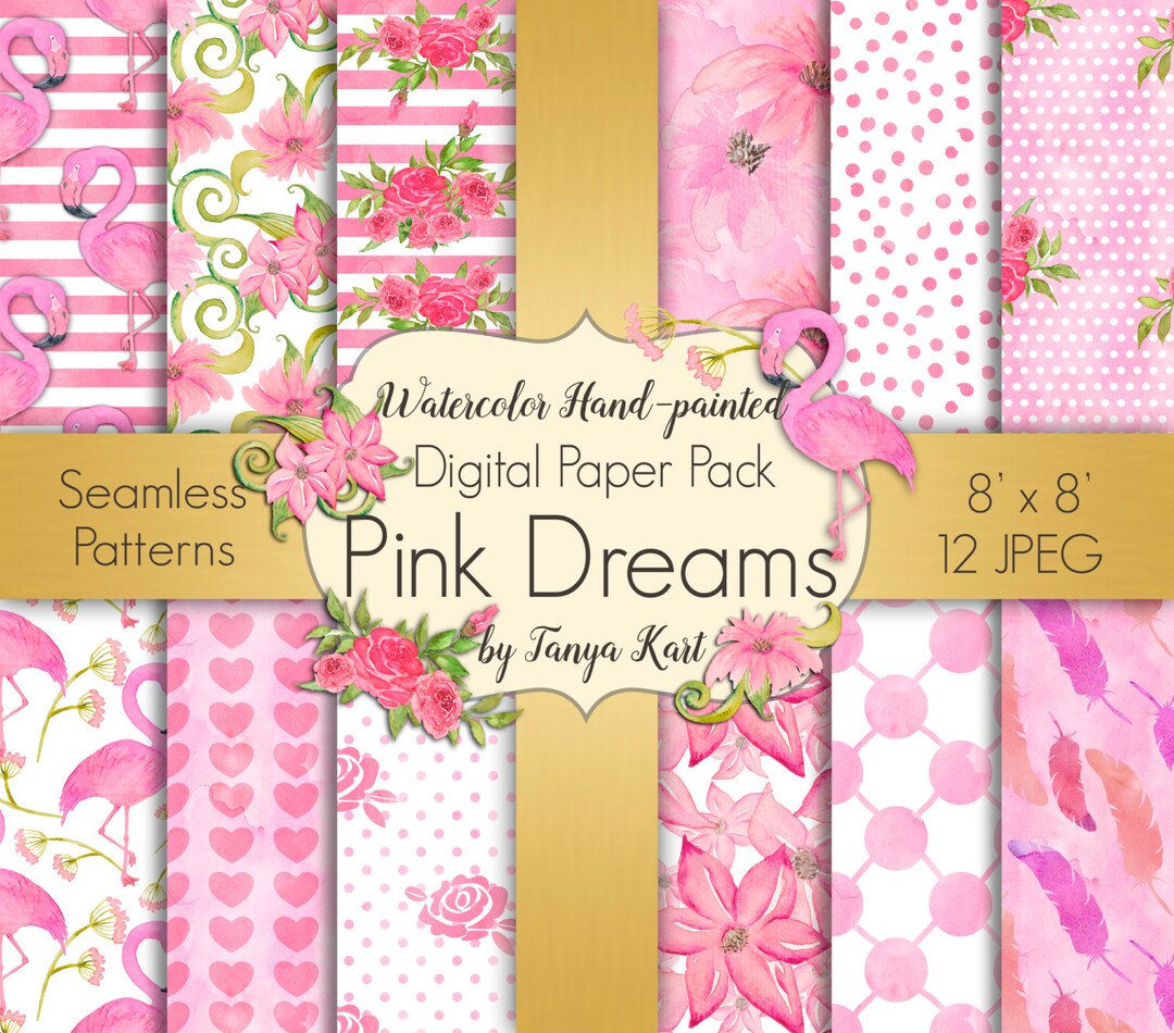 Pink Floral Digital Paper: Watercolor Flowers, Seamless Patterns (JPEG ...