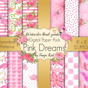 Pink Digital Paper, Floral Digital Paper, Watercolor Paper, Scrapbook Paper, Pink Flowers, Seamless Patterns, Pink Theme, Scrapbooking Paper
