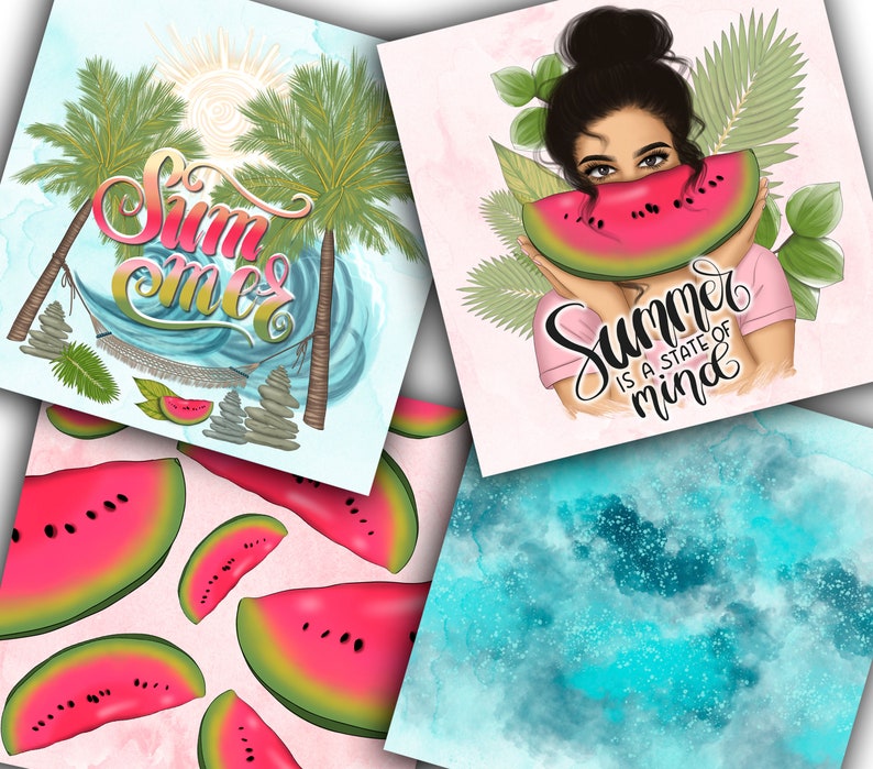 May include: Four digital collage sheets featuring watermelon, palm trees, and a woman with a watermelon over her face. The text "Summer is a state of mind" is featured on one of the sheets.