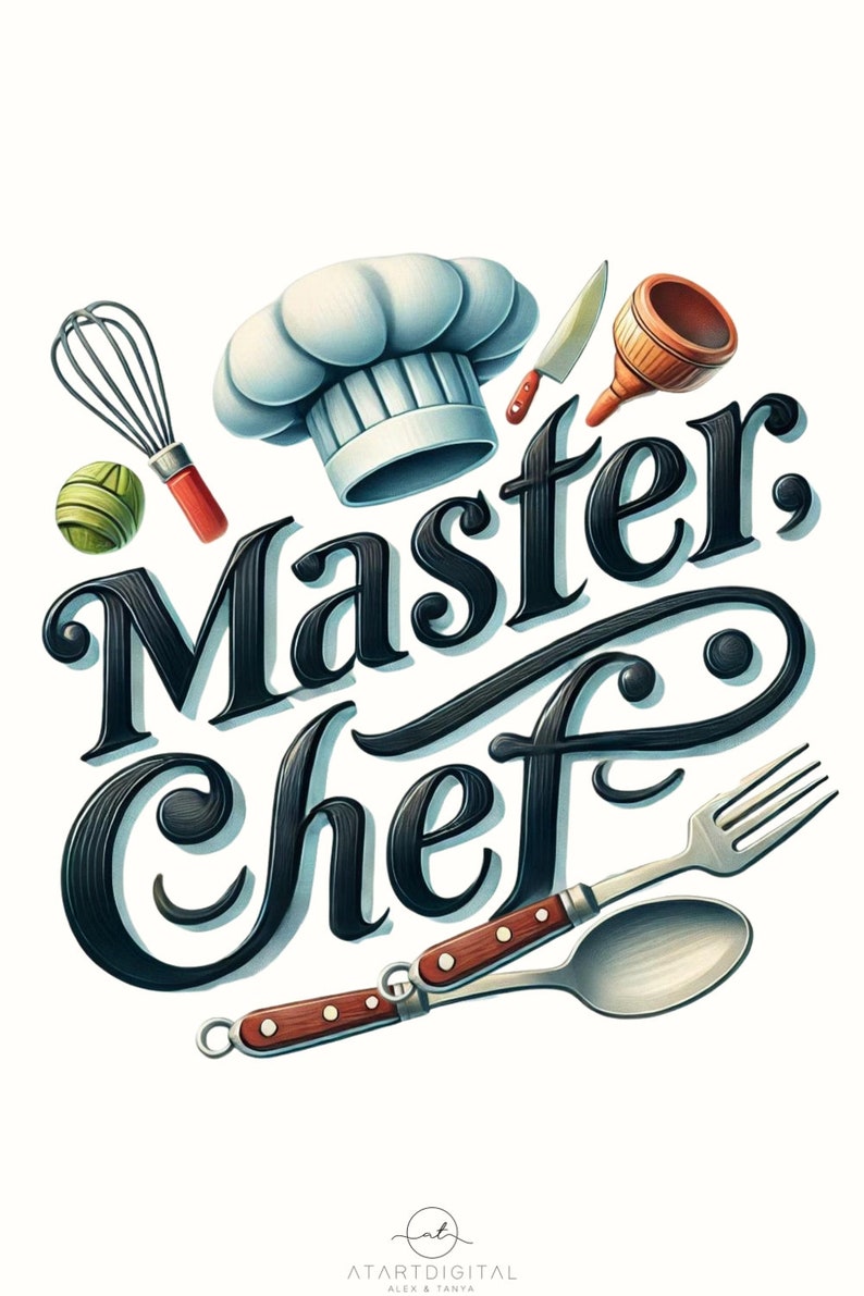 May include: A black and white illustration of the words "Master Chef" in a stylized font. The illustration is surrounded by various kitchen utensils, including a chef's hat, a whisk, a spoon, a fork, a knife, and a wooden funnel.