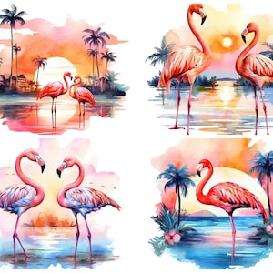 Flamingo Beach Sunset Clipart for Commercial Use, Watercolor Tropical Pink Flamingo Sublimation Designs, Ocean Sunset Png Instant Download image 8