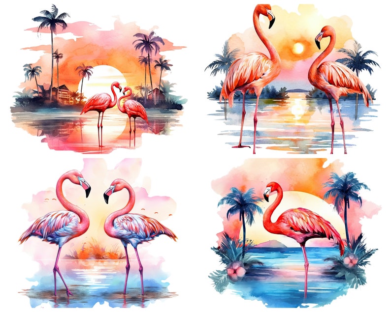 Flamingo Beach Sunset Clipart for Commercial Use, Watercolor Tropical Pink Flamingo Sublimation Designs, Ocean Sunset Png Instant Download image 8