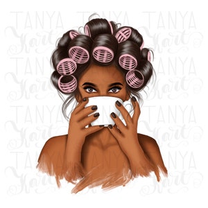 Vrouw met krulspelden png voor sublimatie, Afro-vrouw png met koffiekopje, koffie drinken, Afro-Amerikaanse koffie digitale kunst