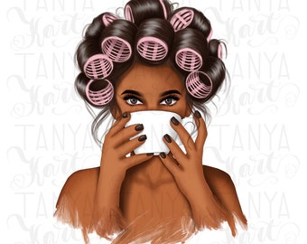 Woman With Curlers Png For Sublimation, Afro Woman Png With Coffee Cup, Drinking Coffee, African American Coffee Digital Art