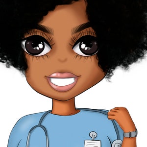 May include: A cartoon illustration of a Black woman with an afro hairstyle wearing a blue medical scrubs uniform with a stethoscope around her neck. She is smiling and has large brown eyes.