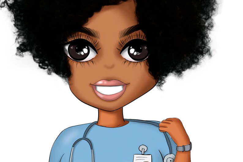 May include: A cartoon illustration of a Black woman with an afro hairstyle wearing a blue medical scrubs uniform with a stethoscope around her neck. She is smiling and has large brown eyes.