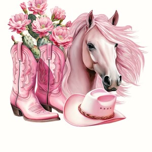 May include: Pink cowboy boots, a pink cowboy hat, and a pink horse head with a flowing mane. The boots have intricate stitching and the hat has a braided band.