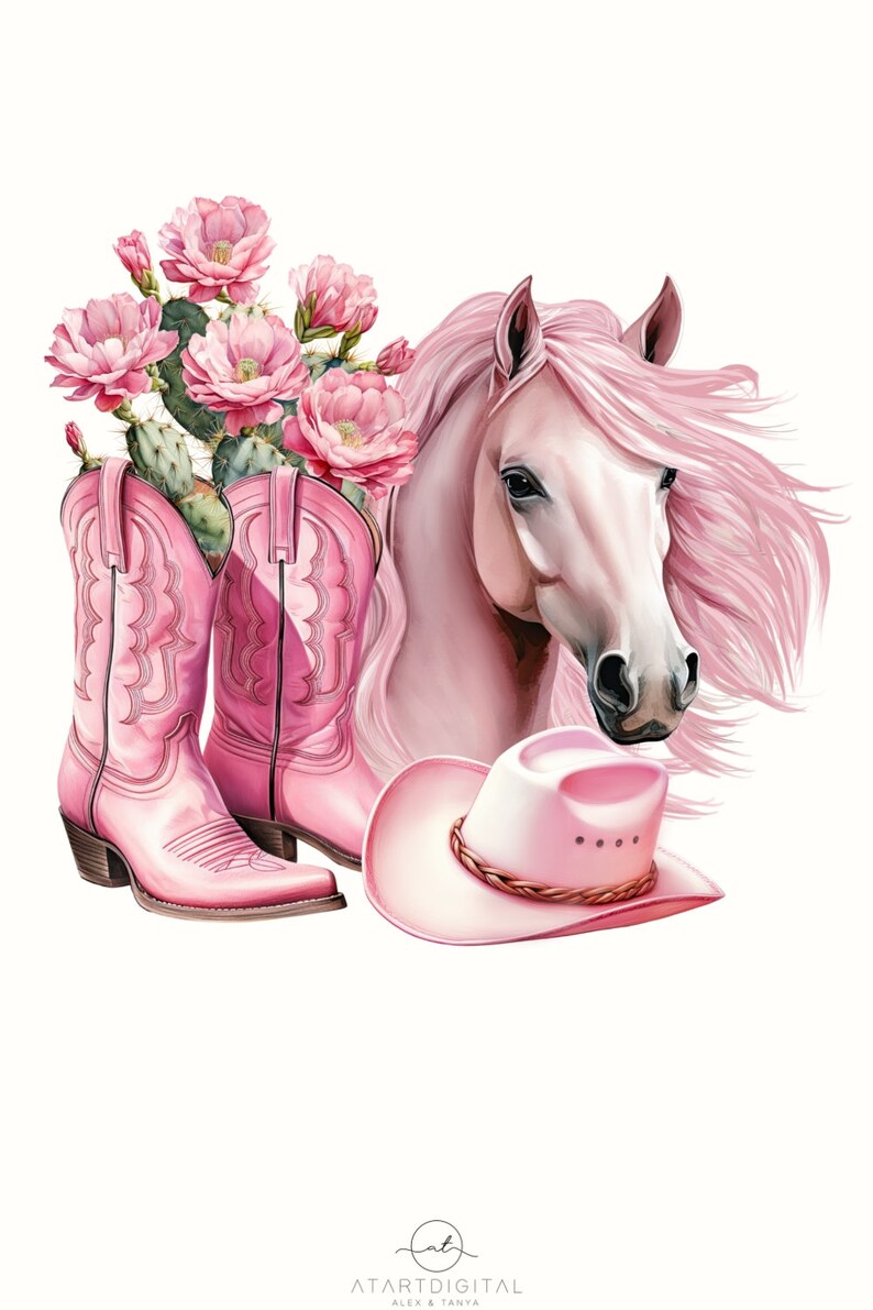 May include: Pink cowboy boots, a pink cowboy hat, and a pink horse head with a flowing mane. The boots have intricate stitching and the hat has a braided band.