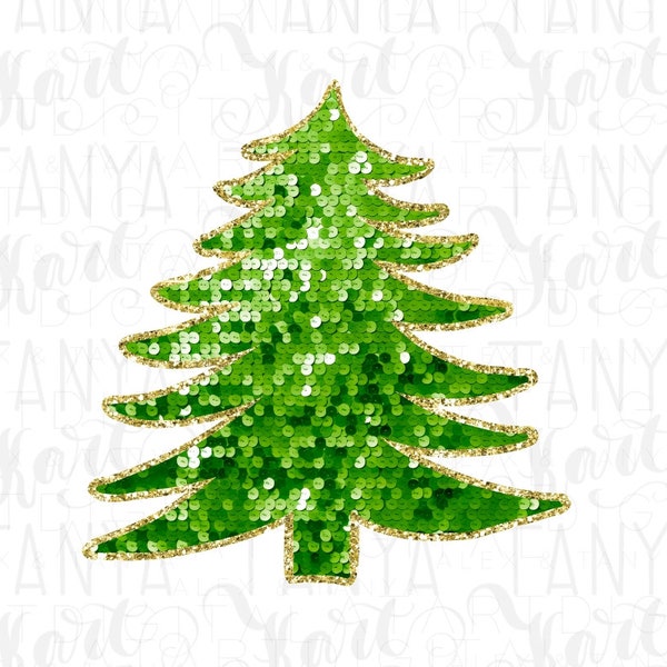 Sequin Christmas Tree PNG Digital Download for Sublimation, Merry Christmas for Sweatshirt, Green and Gold Faux Sequin Sublimation Design