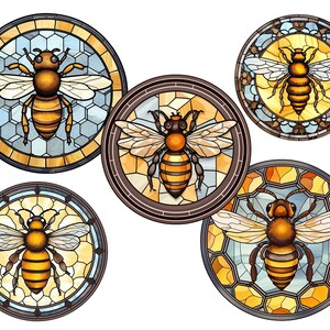 May include: Five stained glass circles with a bee design. Each circle features a different bee design with a yellow and brown bee on a blue and yellow honeycomb background.