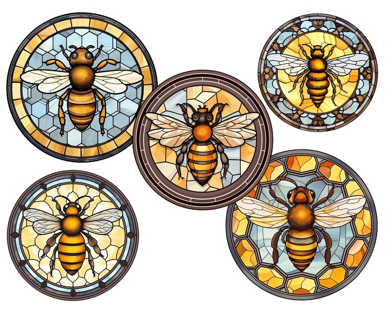 May include: Five stained glass circles with a bee design. Each circle features a different bee design with a yellow and brown bee on a blue and yellow honeycomb background.