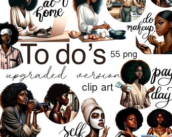 May include: A digital illustration of a to-do list with 55 images of Black women in various activities, including working from home, doing makeup, paying bills, and self-care. The text "To do's" is in large, bold letters at the top of the image.
