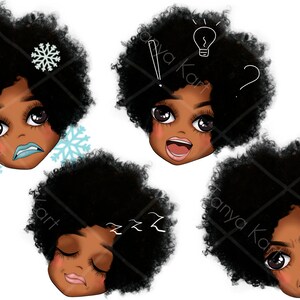 Puede incluir: Cuatro ilustraciones digitales de una ni&ntilde;a negra con un peinado afro que expresa diferentes emociones. La ni&ntilde;a se muestra con una cara azul y copos de nieve, una expresi&oacute;n de sorpresa con una bombilla sobre su cabeza, una expresi&oacute;n de sue&ntilde;o con zzz sobre su cabeza y una expresi&oacute;n de enfado.