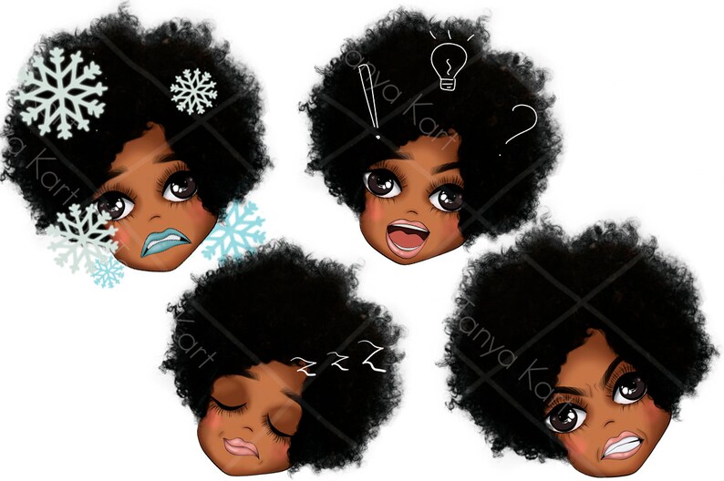 Puede incluir: Cuatro ilustraciones digitales de una ni&ntilde;a negra con un peinado afro que expresa diferentes emociones. La ni&ntilde;a se muestra con una cara azul y copos de nieve, una expresi&oacute;n de sorpresa con una bombilla sobre su cabeza, una expresi&oacute;n de sue&ntilde;o con zzz sobre su cabeza y una expresi&oacute;n de enfado.