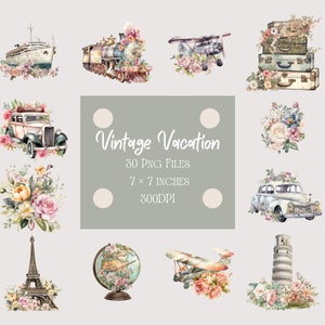 May include: A set of 30 vintage vacation themed digital illustrations. The illustrations include a cruise ship, a train, a plane, a car, a globe, the Eiffel Tower, the Leaning Tower of Pisa, and floral bouquets. The illustrations are in watercolor style and are perfect for scrapbooking, card making, and other creative projects.